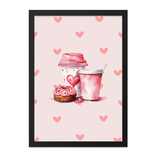Coffee and Cupcake Framed Wall Art, Heart Pattern Print, Watercolor Food Art, Valentine's Day Decor, Bakery Gift, Kitchen Wall Decor - Tawshia