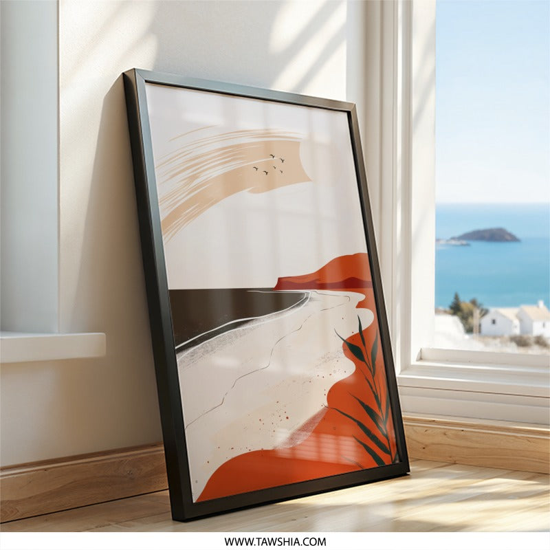 Coastal Landscape Wall Art, Modern Beach Print, Boho Decor, Abstract Seascape, Birds in Flight, Neutral Wall Decor, Beach Scenery Artwork - Tawshia