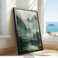 Misty Mountain Wall Art, Landscape Wall Decor, Nature Print, Forest Art, Mountain Lake Artwork, Scenic Wall Hanging - Tawshia