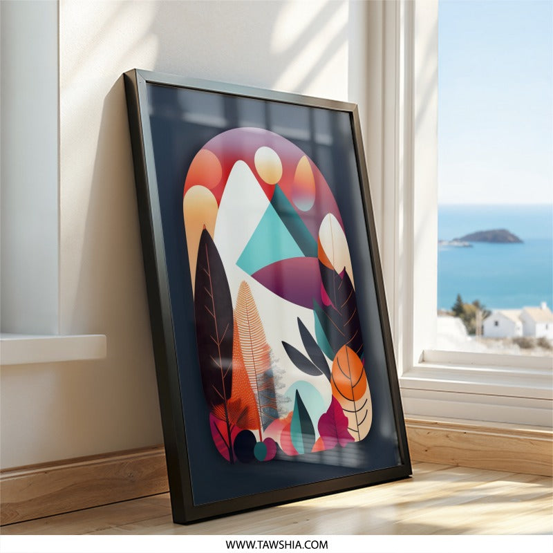 Geometric Landscape Wall Art, Mountain and Foliage Print, Abstract Nature Home Decor, Colorful Art - Tawshia