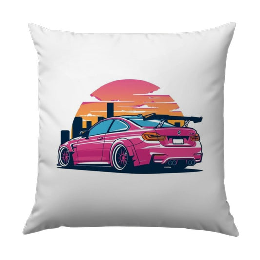 Pink Race Car Pillow, Retro Sunset Cityscape Throw Pillow, Sportscar Gift, Car Enthusiast Decor, Automotive Art Pillow - Tawshia