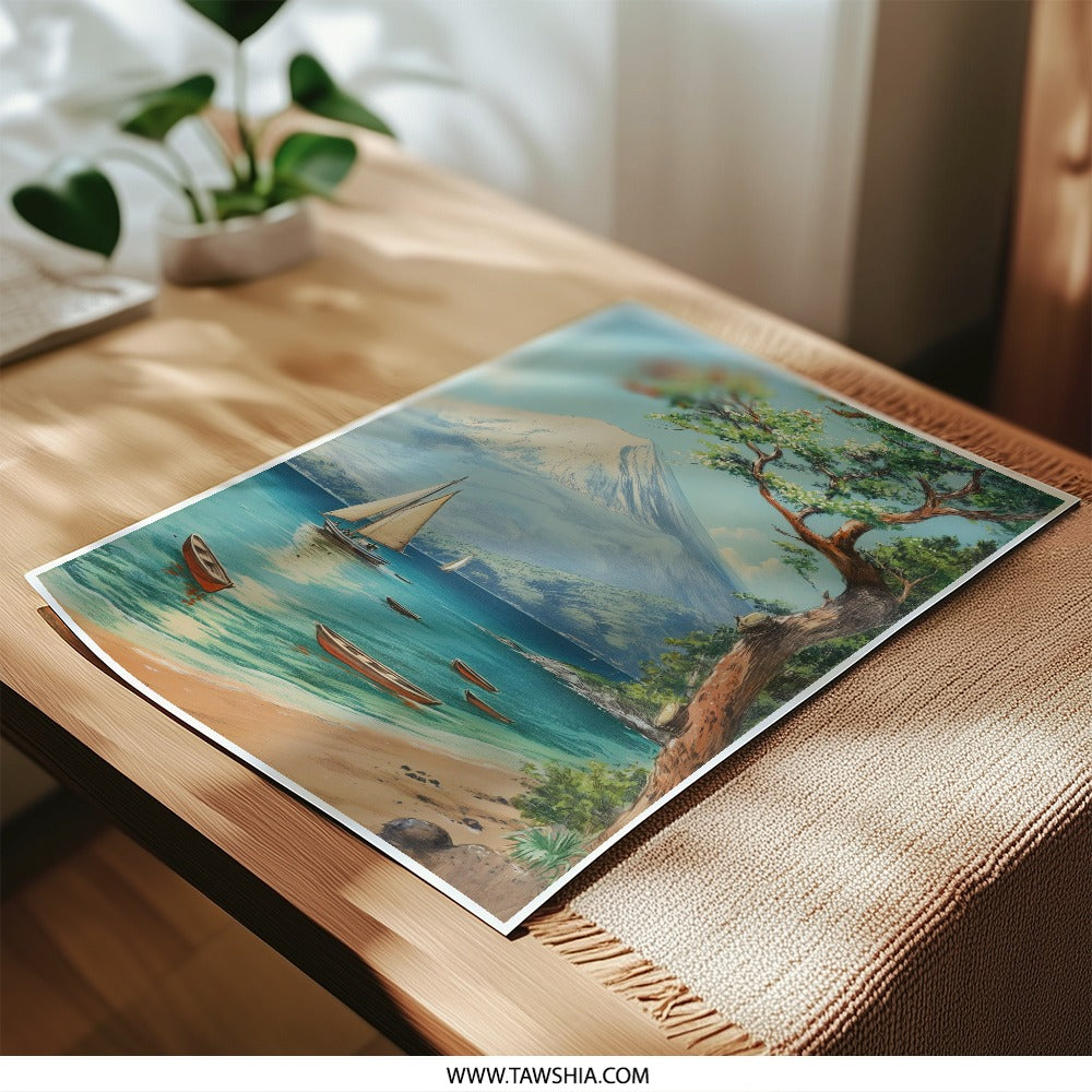 Serene Lakeside Photographic Print, Sailboat Art, Mountain View, Lake Art Print, Tranquil Scenery, Peaceful Print, Coastal Art (138) - Tawshia