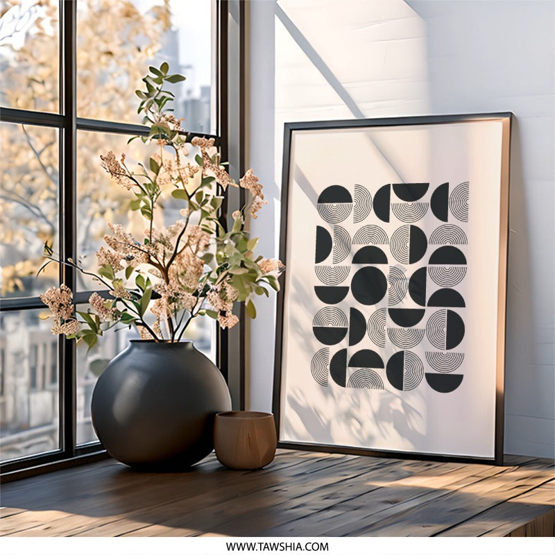 Geometric Wall Art, Circle Print, Minimalist Art, Modern Home Decor, Abstract Poster, Wall Decor, Black and Beige - Tawshia