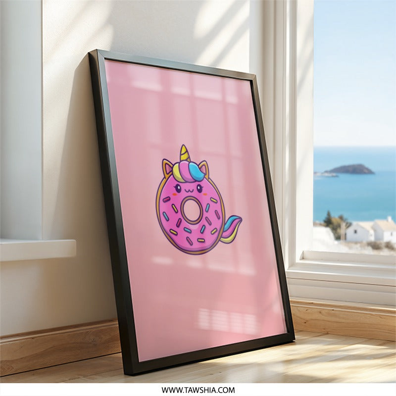 Cute Unicorn Donut Wall Art, Kids Room Decor, Kawaii Print, Pink Donut Art, Dessert Illustration, Funny Wall Decor, Playroom Art - Tawshia