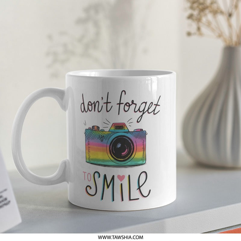 Don't Forget To Smile Mug, Camera Design Coffee Mug, Positive Vibes Cup, Gift For Photographer, Motivational Tea Cup, Colorful Novelty Mug - Tawshia