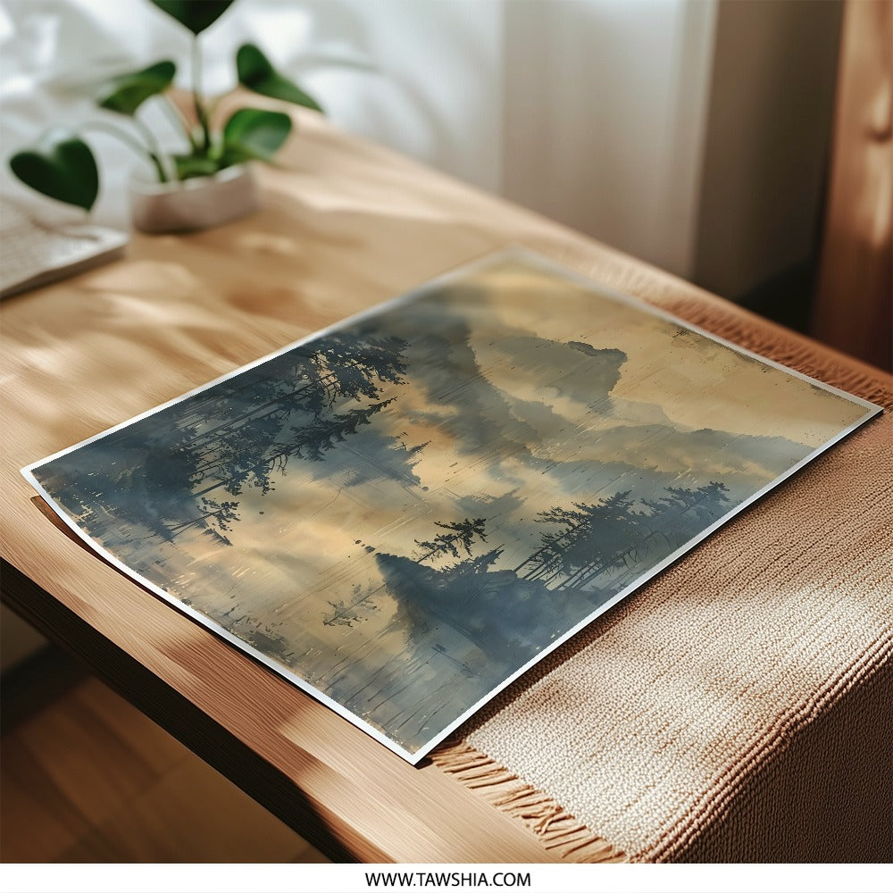 Misty Mountain Lake Photographic Print, Landscape Photography, Nature Wall Art, Scenic Home Decor - Tawshia
