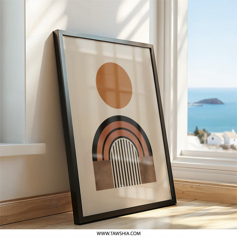 Abstract Geometric Wall Art, Boho Sun Rainbow Print, Minimalist Home Decor, Neutral Tone Art, Modern Art Poster, Framed Wall Decor - Tawshia