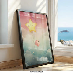 Dreamy Star Wall Art, Cute Character Print, Nursery Decor, Whimsical Kids Room Art, Star Balloon Artwork, Baby Shower Gift - Tawshia