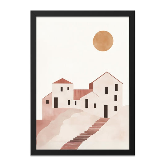 Minimalist Village Wall Art, Abstract House Print, Terracotta Sun Poster, Modern Home Decor, Simple Architecture Artwork - Tawshia