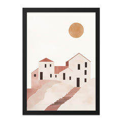 Minimalist Village Wall Art, Abstract House Print, Terracotta Sun Poster, Modern Home Decor, Simple Architecture Artwork - Tawshia
