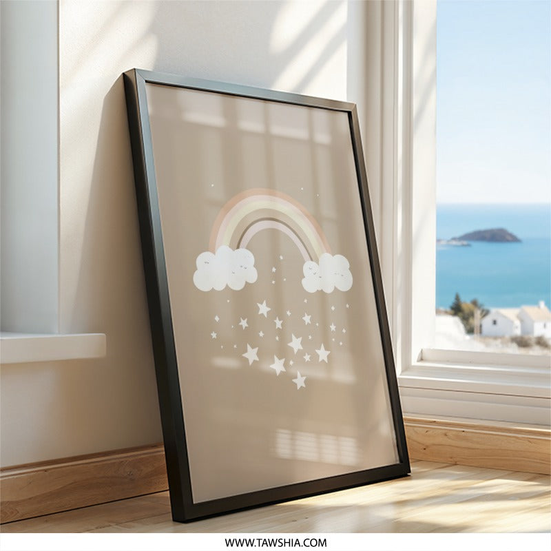 Neutral Rainbow Wall Art, Boho Nursery Decor, Stars and Clouds Print, Kids Room Art, Playroom Decor, Childrens Wall Decor - Tawshia