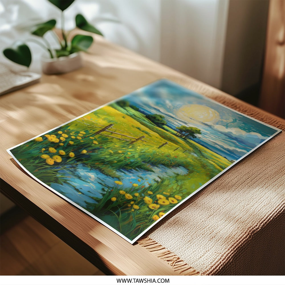 Sunny Meadow Photographic Print, Countryside Landscape Art, Yellow Flowers Field, Bright Sky Fine Art Print, Nature Photography, Wall Decor - Tawshia
