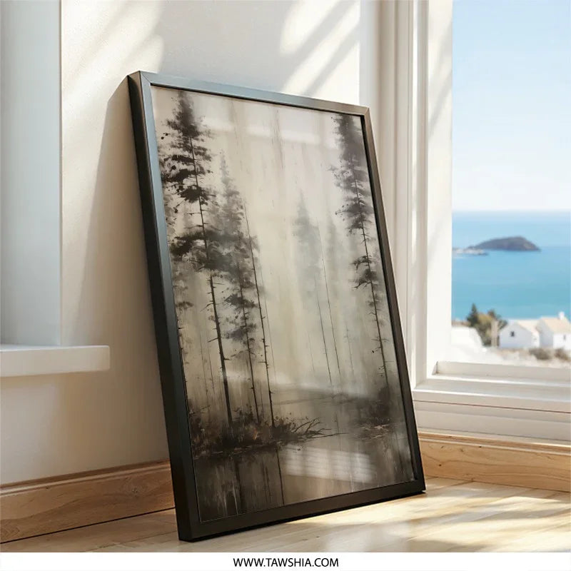 Misty Forest Wall Art, Landscape Painting Print, Pine Tree Art, Nature Home Decor, Serene Wall Hanging - Tawshia