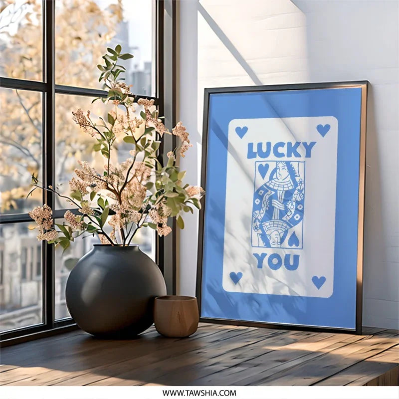 Lucky You Playing Card Wall Art, Queen of Hearts Print, Unique Blue Home Decor, Trendy Wall Hanging, Card Lover Gift - Tawshia