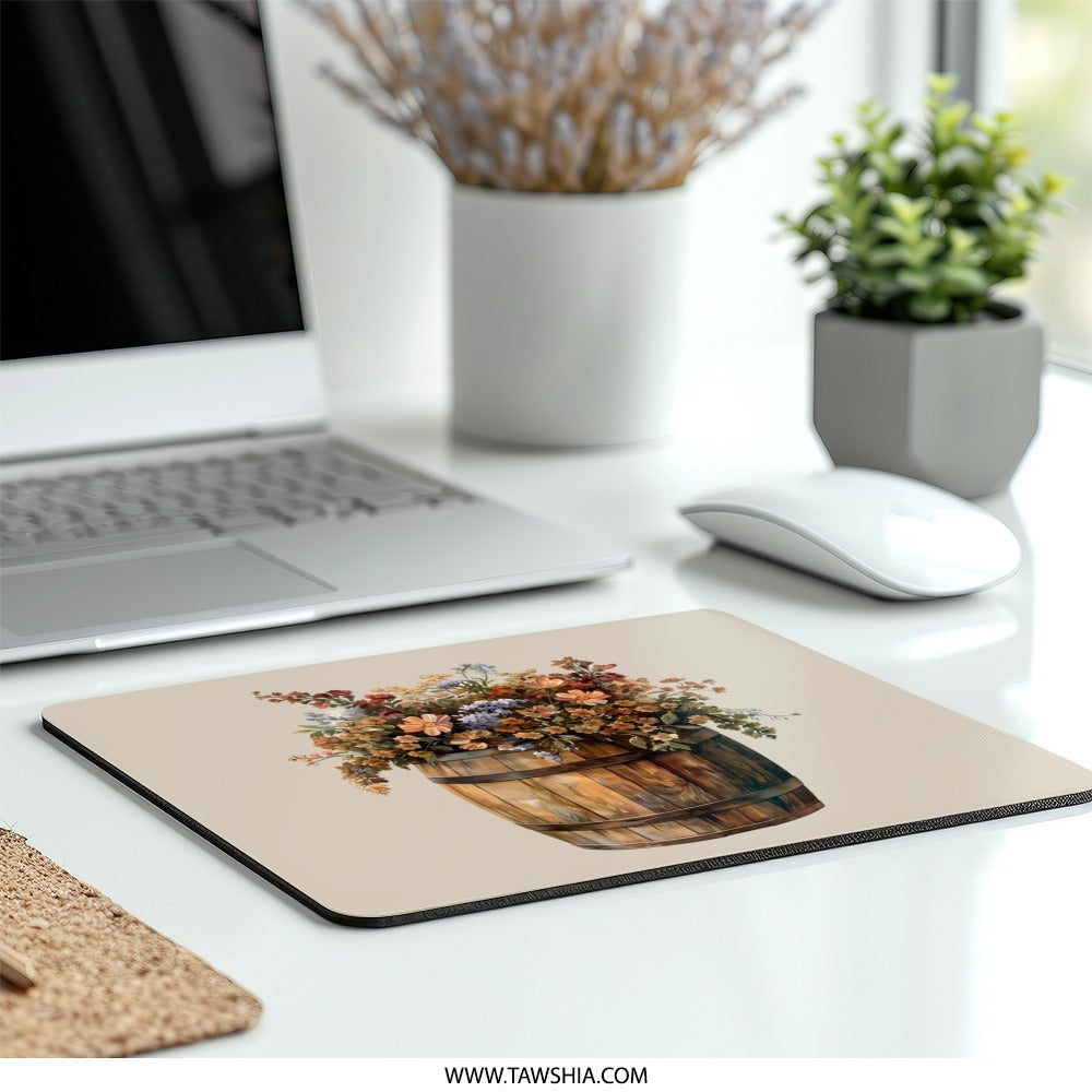 Floral Barrel Mouse Pad, Rustic Flower Bouquet, Unique Computer Accessory, Decorative Desk Mat, Home Office Decor, Gift Idea - Tawshia