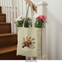 Floral Book Tote Bag, Botanical Reader Gift, Unique Book Lover, Spring Blossom Bag, Everyday Tote, Gift for Librarian, Teacher Bag - Tawshia