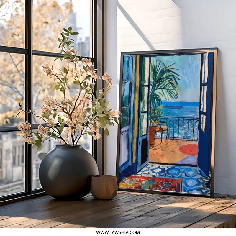 Seaside View Wall Art, Balcony Print, Coastal Painting, Ocean View Print, Mediterranean Art, Colorful Impressionist Painting, Wall Decor - Tawshia