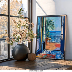 Seaside View Wall Art, Balcony Print, Coastal Painting, Ocean View Print, Mediterranean Art, Colorful Impressionist Painting, Wall Decor - Tawshia