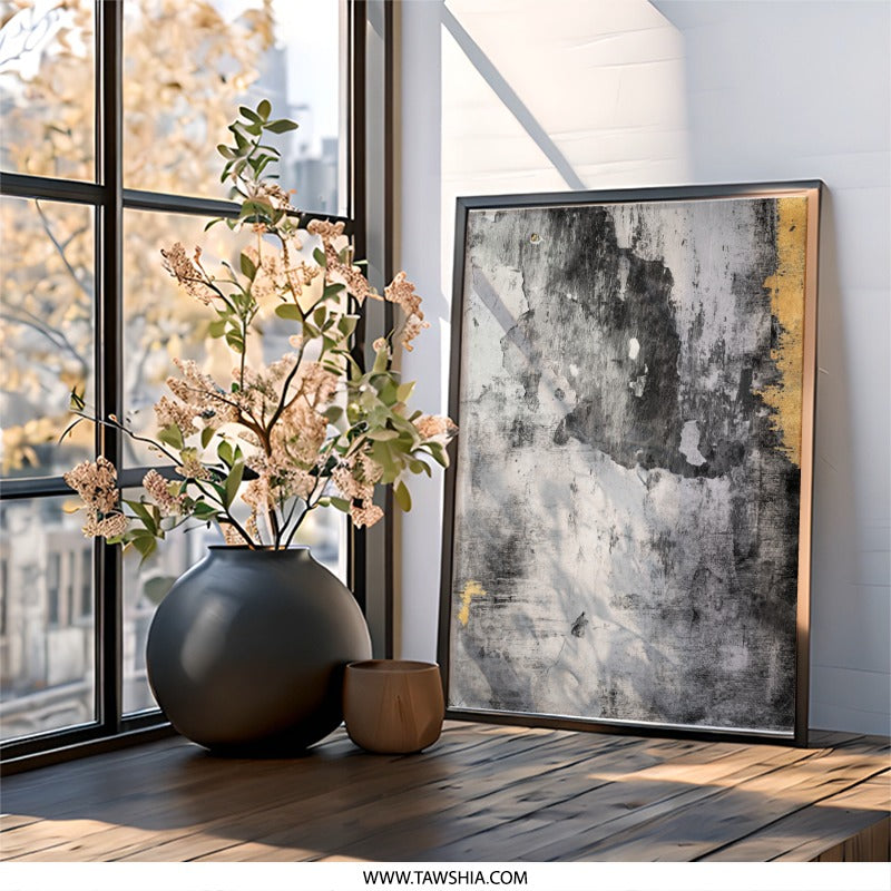 Textured Wall Art, Abstract Decay Print, Monochrome Wall Decor, Grunge Wall Hanging, Distressed Plaster Art, Black White Gold Wall Art - Tawshia