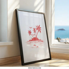 Tropical Island Wall Art, Red Palm Tree Print, Minimalist Ocean Scene, Beach House Decor, Coastal Artwork, Summer Vibes - Tawshia