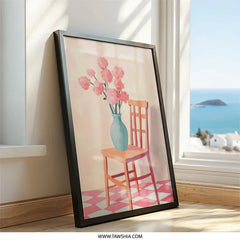 Floral Still Life Wall Art, Chair and Flowers Print, Pink Flowers Art Print, Vase of Flowers Wall Decor, Cozy Home Art, Framed Art - Tawshia