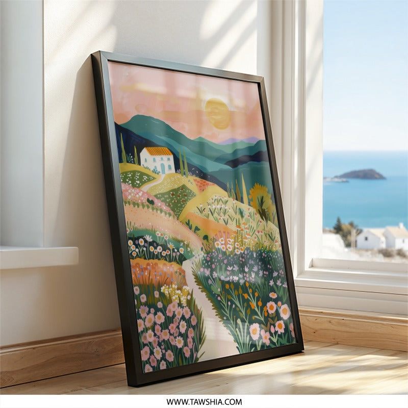 Tuscan Landscape Wall Art, Italy Painting Print, Farmhouse Decor, Countryside Scenery Art, Sunny Home Wall Decor, Floral Field Wall Decor - Tawshia