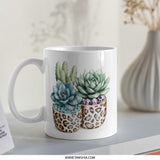 Succulent Mug, Leopard Print, Cactus Lover Gift, Plant Mom Gift, Cute Coffee Mug, Tea Cup, Succulent Lover, Houseplant Gifts, Boho Mug - Tawshia