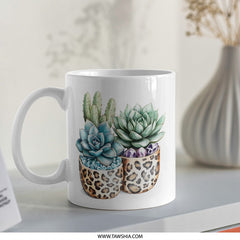 Succulent Mug, Leopard Print, Cactus Lover Gift, Plant Mom Gift, Cute Coffee Mug, Tea Cup, Succulent Lover, Houseplant Gifts, Boho Mug - Tawshia