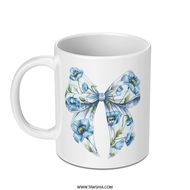 Floral Bow Mug, Blue Poppy Flower Mug, Watercolor Bow Coffee Cup, Elegant Flower Design Mug, Unique Gift Idea Mug, Aesthetic Floral Mug - Tawshia