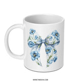 Floral Bow Mug, Blue Poppy Flower Mug, Watercolor Bow Coffee Cup, Elegant Flower Design Mug, Unique Gift Idea Mug, Aesthetic Floral Mug - Tawshia