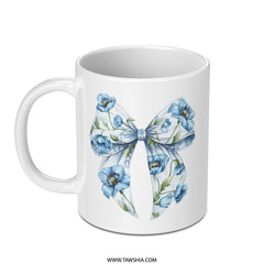 Floral Bow Mug, Blue Poppy Flower Mug, Watercolor Bow Coffee Cup, Elegant Flower Design Mug, Unique Gift Idea Mug, Aesthetic Floral Mug - Tawshia