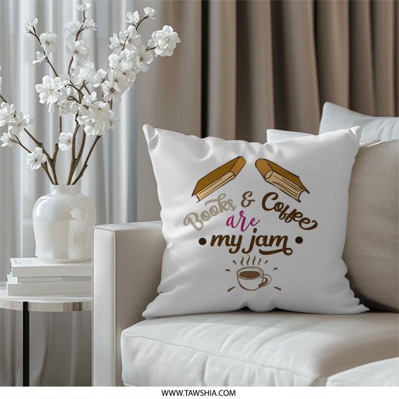 Books and Coffee Jam Pillow, Reader Gift, Coffee Lover Cushion, Bookworm Decor, Cozy Home, Novel Fan Gift, Literary Throw Pillow - Tawshia