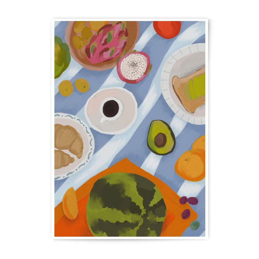 Picnic Photographic Print, Food Illustration, Breakfast Art, Tropical Fruit Decor, Kitchen Wall Art, Colorful Still Life Print - Tawshia
