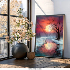 Winter Sunset Wall Art, Frozen River Reflection Print, Dramatic Sky, Fine Art Print, Home Decor, Landscape Painting, Gift Idea - Tawshia