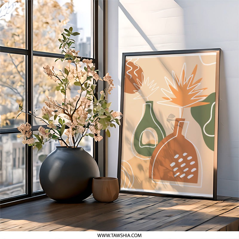 Abstract Floral Wall Art, Bohemian Decor, Botanical Print, Vases and Plants Art, Modern Home Decor, Minimalist Wall Decor - Tawshia
