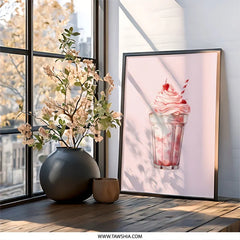 Strawberry Milkshake Wall Art, Dessert Illustration Print, Pink Aesthetic Food Poster, Sweet Treat Decor, Kitchen Art, Whimsical Wall Decor - Tawshia