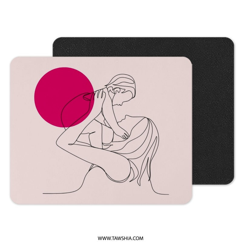 Mother Child Line Art Mouse Pad, Abstract Family Illustration, Minimalist Desk Decor, Modern Office Gift, Pink Sun, Cute Mousepad - Tawshia