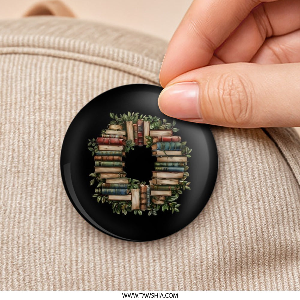 Book Wreath Pinback Button, Library Decor Pin, Literary Gift, Teacher Gift Idea, Book Lover Gift, Unique Holiday Accessories - Tawshia