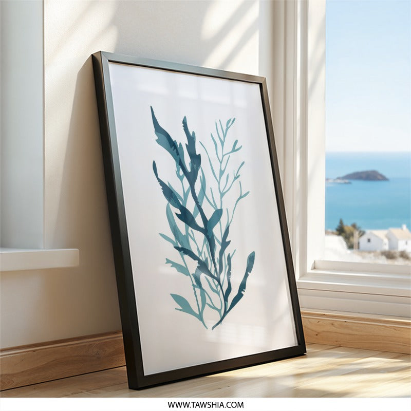 Blue Seaweed Wall Art, Botanical Print, Coastal Decor, Ocean Art, Minimalist Art, Modern Home Decor, Nature Inspired Art, Wall Decor - Tawshia