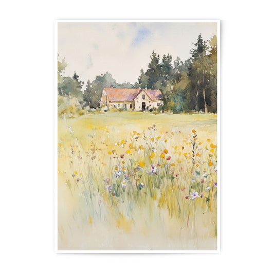 Watercolor Farmhouse Photographic Print, Wildflower Field, Country Cottage Art, Rustic Home Decor, Pastoral Scene, Landscape Photography - Tawshia