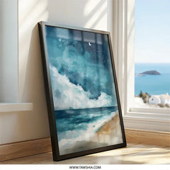 Coastal Night Wall Art, Beach Painting Print, Starry Sky Decor, Ocean Waves Artwork, Moon Wall Decor, Seascape Art Print - Tawshia