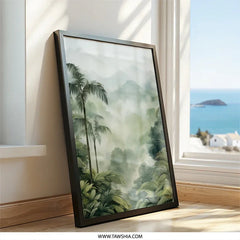 Tropical Wall Art, Jungle Landscape Print, Misty Mountain Wall Decor, Palm Tree Painting, Nature Art Print, Exotic Decor - Tawshia