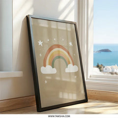 Rainbow Wall Art, Neutral Nursery Decor, Boho Kids Room Art, Stars and Clouds Print, Modern Childrens Wall Art - Tawshia