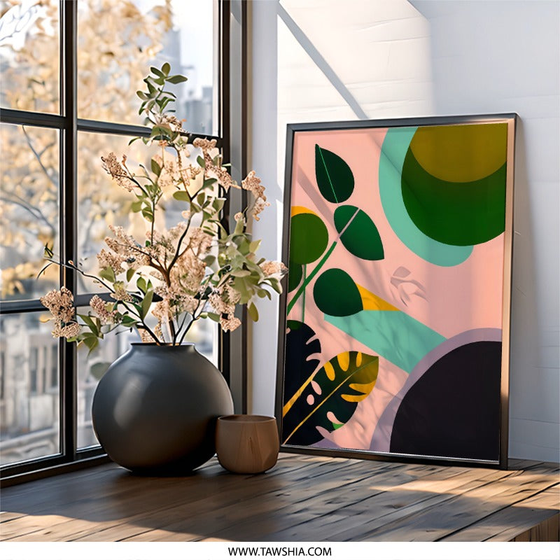 Abstract Leaf Wall Art, Modern Botanical Print, Geometric Shapes Decor, Contemporary Art, Tropical Leaves Artwork, Trendy Home Decor - Tawshia