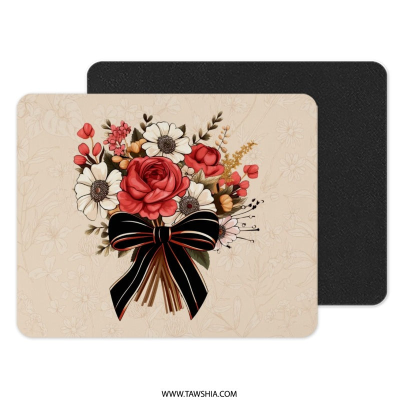 Floral Bouquet MousePad, Rose Flower, Ribbon Bow, Trendy Office Decor, Computer Accessories, Floral Desk Mat, Stylish Mouse Pad Design - Tawshia