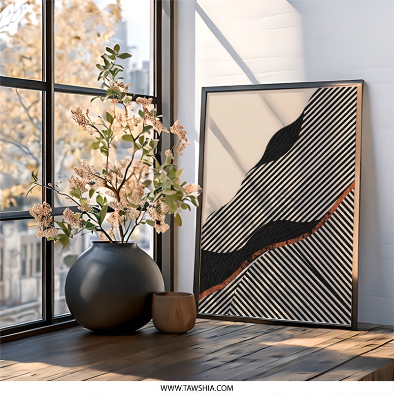 Abstract Wall Art Print, Diagonal Stripes Artwork, Modern Geometric Design, Beige and Black Home Decor, Contemporary Wall Decor - Tawshia