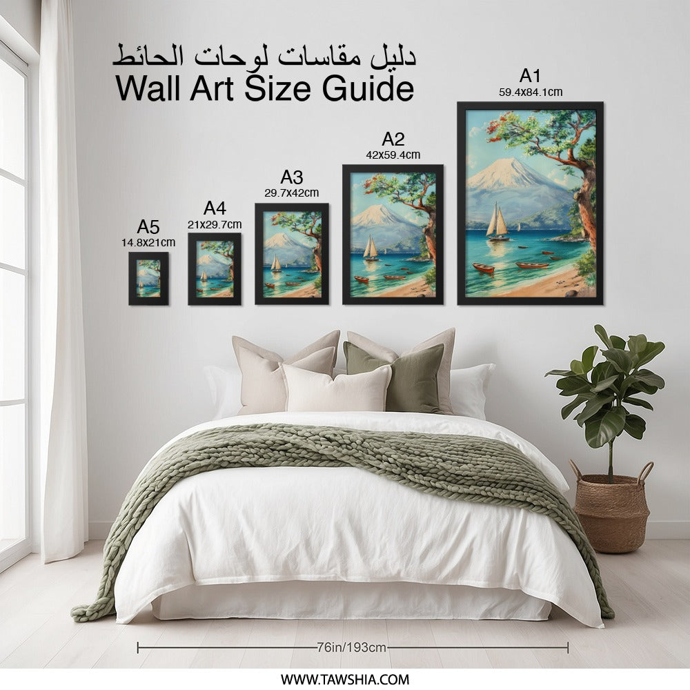 Tranquil Mountain Lake Wall Art, Sailboat Painting Print, Asian Inspired Artwork, Serene Landscape Decor, Peaceful Scenery Fine Art Print - Tawshia