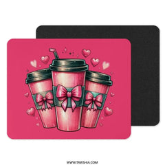 Pink Coffee Mouse Pad, Kawaii Hearts, Cute Desk Decor, Valentines Gift, Desk Accessories, Office Mousepad, Gaming Mouse Mat - Tawshia