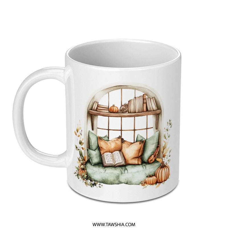 Cozy Reading Nook Mug, Fall Decor, Autumn Vibes, Pumpkin Spice, Book Lover Gift, Window Seat Mug, Literary Mug, Home Decor, Warm Drink Mug - Tawshia
