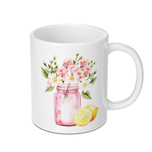 Lemon Flower Mug, Watercolor Floral, Summer Mug, Pink Mason Jar, Drinkware Mug, Cute Mug, Gift Mug - Tawshia